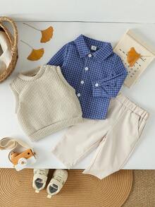 Souflis Souflis Baby Jungen College Stil Langarmhemd, Kontrastfarbene Hose, Gestrickter Weste mit Pony Stickerei komplettes Outfit Set, geeignet für Herbst/Winter, Alltag, Urlaub, Party, Schule, Park