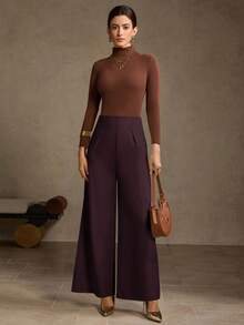 MOTF PREMIUM PANTALONES DE PIERNA ANCHA CON CREMALLERA LATERAL VERSÁTIL DE CINTURA ALTA - Burdeos - Ver 3