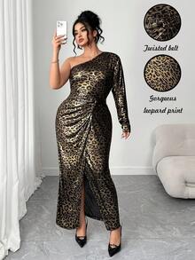 Elenzga Women's Elegant Leopard Print Metallic Fabric Long Sleeve Dress,Twist Waist Slit Party Dress,Black And Gold,Autumn,70's,Party,Rave Cleopatra Cheetah - Multicolor - View 1
