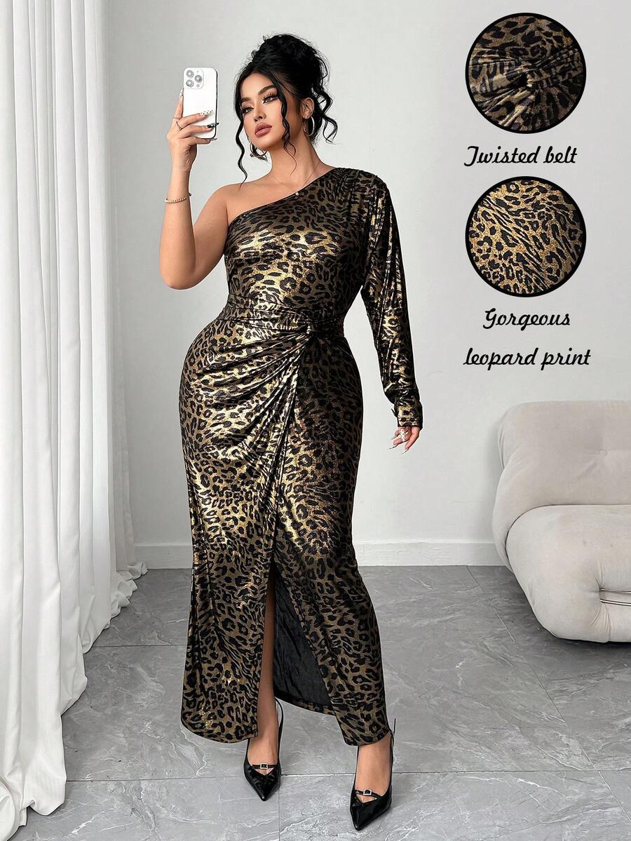 Elenzga Women's Elegant Leopard Print Metallic Fabric Long Sleeve Dress,Twist Waist Slit Party Dress,Black And Gold,Autumn,70's,Party,Rave Cleopatra Cheetah - Multicolor - View 1
