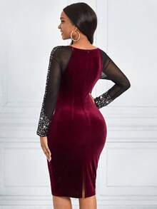 SHEIN Lady Váy Giáng sinh tay lưới ôm màu đen cỡ lớn cổ tròn dệt kim nhung đính sequin mùa thu đông cỡ lớn - Đỏ - Xem 2