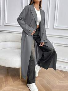 Chiquease Abrigo trench de manga larga minimalista y casual de unicolor para mujer - Gris Claro - Ver 3