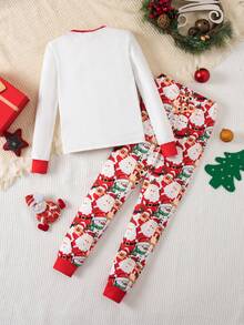 2 件套青少年男童圣诞紧身舒适柔软长裤和长袖睡衣套装 - 紅色 - 查看 10