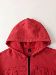 ROMWE MEN Street Life Sudadera holgada de estilo corto con bordado de diamantes brillantes lavada para hombres - Rojo - Ver 3