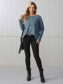 LanaWest Women's Loose Waffle Knit Off-Shoulder Batwing Sleeve T-Shirt, Green, Autumn - Blue - View 5