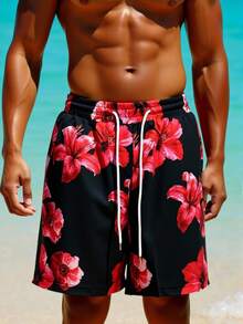 Surfspeed Shorts de playa casuales con estampado floral y bloques de color para hombres - Negro - Ver 3