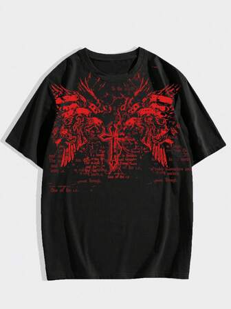 Goth Herren Lässig Kreuz- & Slogan-Muster Kurzarm T-Shirt, Sommer