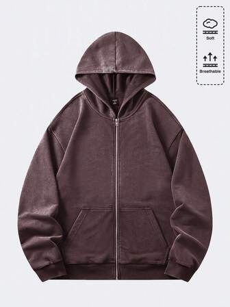 Street Life Chaqueta con capucha de sudadera vintage lavada y holgada para hombre (con refuerzo en el cuello, el bajo y las costuras de los hombros para evitar la deformación) con cremallera de metal