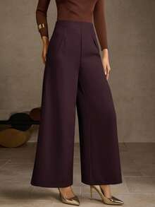 MOTF PREMIUM PANTALONES DE PIERNA ANCHA CON CREMALLERA LATERAL VERSÁTIL DE CINTURA ALTA - Burdeos - Ver 4