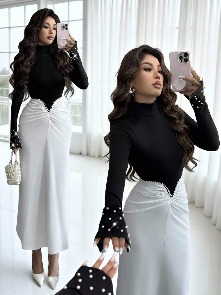 Rafferiza Women's Black And White Elegant Formal Fall Winter Dress,High Collar Pearl Cuff Ruched Bodycon Maxi Dress,Colorblock High Waist Party Graduation Gown