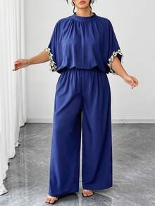 Elenzga Plus Size Women's New Fashionable Elegant Long Sleeve Gold Lace Collar Tie-Back Bow Elastic Waist Loose Wide Leg Jumpsuit, Suitable For Dates, Vacations, Holidays, Parties, Business Events, Elegant Romantic Christmas, Autumn