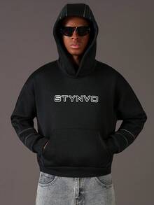 STYNVO 男士秋冬保暖连帽衫，撞色滚边字母图案休闲百搭卫衣，长袖上衣 - 黑色 - 查看 5