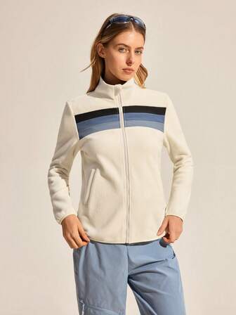 Exploreva Chaqueta de forro polar casual para mujer con cremallera, cuello alto, patrón de rayas de bloques de color, adecuada para otoño/invierno