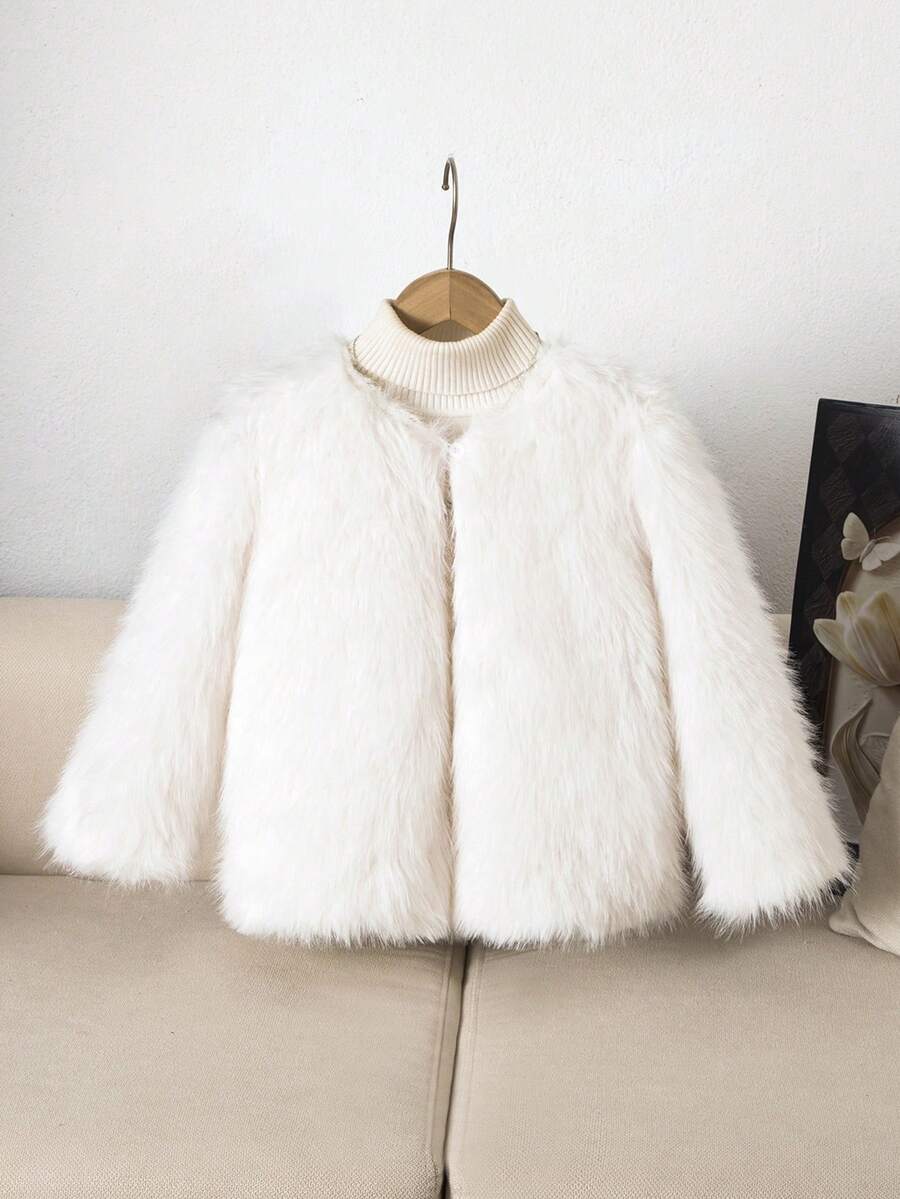 Elladie kids 年轻女孩休闲蓬松人造毛皮宽松开衫外套，精致时尚都市风，冬季 - 白色 - 查看 1