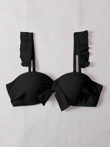 SHEIN Swim Summer Beach Ruffle Trim Knot Bust Bikini Top - Black - View 6