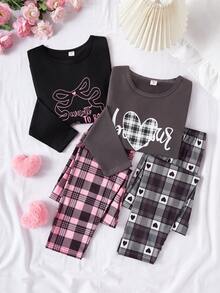 SHEIN Ensemble pour enfants de 4 pièces - Pyjama à carreaux noir, gris, rose. Design imprimé de cœur et de lettres anglaises. Top à col rond en tricot doux et confortable, pantalon. Ensemble de style réseaux sociaux, académique, idéal pour le printemps, l'été, l'automne et l'hiver. Ensemble essentiel pour les filles préadolescentes à la maison. - Multicolore - Voir 4