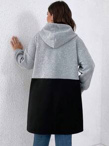 SHEIN PETITE CURVE 大码拼色连帽抽绳宽松休闲夹克 - 彩色 - 查看 2