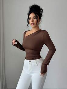 Elenzga New Women Knitted Elastic Fabric Oblique Shoulder Design Long Sleeve Slim Fit Bodysuit, Elegant Casual Everyday Versatile, Autumn/Winter - Brown - View 7