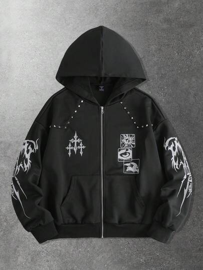 ROMWE MEN Street Life Men's Gothic Print Zip-Up Hoodie