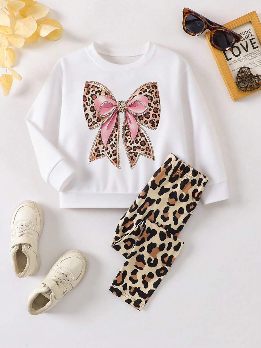 2pcs/Set Young Girls Heart & Leopard Print Comfortable Outfit, Autumn/Winter - White - View 1