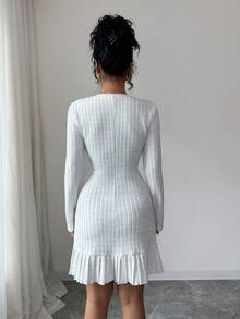 Elenzga New Women's Knitted Tweed Elastic Fabric V-Neck Color Block Fitted Casual Everyday Versatile Elegant Young Lady Short Dress, Autumn/Winter