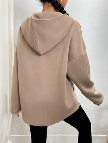 EMERY ROSE Plus Size Khaki Long Sleeve Fashionable Versatile Half-Zip Sweatshirt - Coffee Brown - View 2