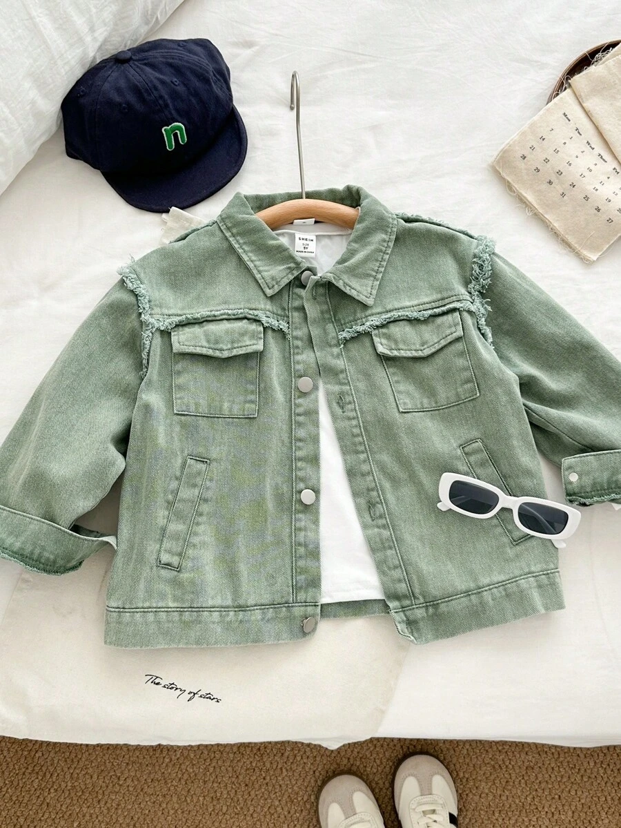 Genkimix Kids Young Boy Cotton Denim Jacket With Lining, White T-Shirt, Letter Embroidery, Distressed Utility Pockets, Casual & Stylish Everyday Wear