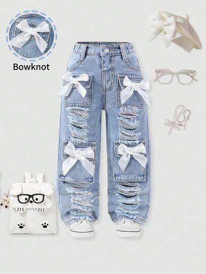 Young Girls Loose Straight Leg Jeans With Ripped Holes, Light Blue Streetwear Style, Adorable White Bow Decor, Multiple 3D Pockets, Suitable For Pairing With Short/Long Sleeve Tops, All Seasons