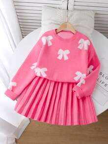 SHEIN Áo len cổ tròn màu xanh dương ngọt ngào, đa năng dành cho bé gái tuổi teen, phối cùng chân váy xếp ly họa tiết hoa, phù hợp mặc ở nhà, đi chơi, dự tiệc, đi học. Chân váy hồng dễ thương cho bé gái, kiểu Pháp, mùa xuân thu, quần áo bé gái mùa thu đông, chân váy hồng thắt nơ thanh lịch cho bé gái, chân váy mùa đông cho bé gái. - Hồng - Xem 7