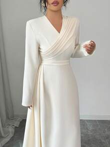 Selianne Women's Elegant Romantic V-Neck Ruched Waist Flared Hem Long Sleeve Dress, Suitable For Commute And Vacation, Spring/Autumn - Light Yellow - View 6