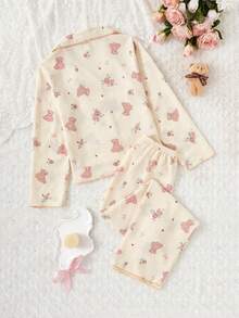 女学生睡衣，女孩可爱樱桃印花长裤和长袖休闲两件套睡衣套装 - 杏色 - 查看 2