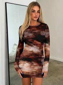 Aloruh 女式圆领长袖褶皱性感棕色扎染印花迷你紧身连衣裙，适合秋冬季，优雅，俱乐部，婚礼，约会，派对，庆典， - 彩色 - 查看 4