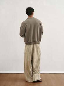 TOKVUE 男士休闲日常条纹宽松褶皱阔腿裤 - 卡其色 - 查看 2