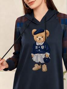 Modelyn Cute Bear Graphic Print Fashionable Hooded Plaid Raglan Long Sleeve Women's Maxi Dress, Spring/Autumn