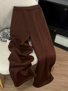 SHEIN Franclia 女士休闲褶皱保暖内衬运动裤，适合通勤休闲，秋冬季 - 咖啡棕 - 查看 2