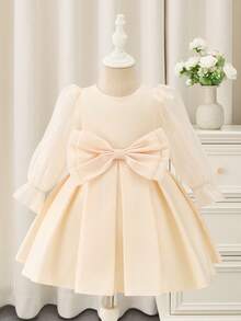 Glamorique Kids 女婴生日剪裁派对婚礼花童礼服，薄纱云朵泡泡袖长袖收腰喇叭下摆蝴蝶结装饰丝滑网眼芭蕾舞裙 - 香檳色 - 查看 1