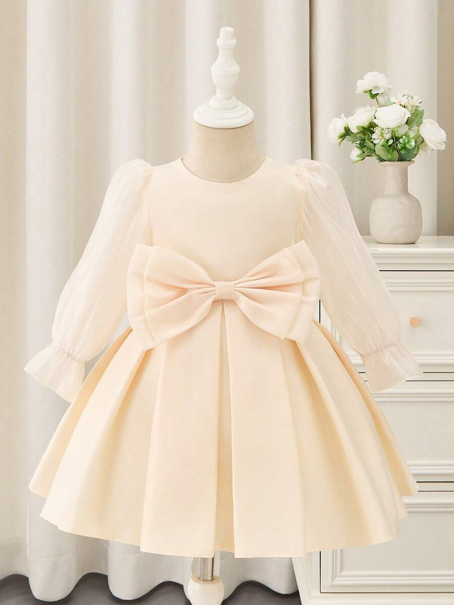 Glamorique Kids 女婴生日剪裁派对婚礼花童礼服，薄纱云朵泡泡袖长袖收腰喇叭下摆蝴蝶结装饰丝滑网眼芭蕾舞裙 - 香檳色 - 查看 1