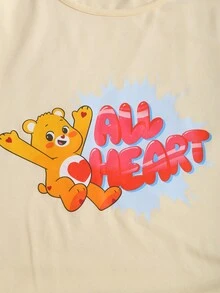 SHEIN Unity Women's Casual Cold Shoulder Long Sleeve Round Neck Cropped T-Shirt With Cartoon & Letter Graphic, Suitable For Spring/Autumn, Daily And Vacation Wear - Apricot - View 7