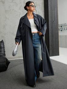 SHEIN EZwear 大码双排扣长袖休闲风衣 - 深灰色 - 查看 6