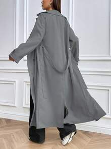 Chiquease Abrigo trench de manga larga minimalista y casual de unicolor para mujer - Gris Claro - Ver 2