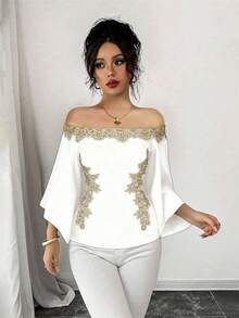 Selianne 女士性感、优雅、百搭日常金色花卉装饰露肩 T 恤，修身腰部金色贴花，针织高弹力喇叭袖纯色露肩优雅女士 T 恤，适合女性，春夏季 - 白色 - 查看 5