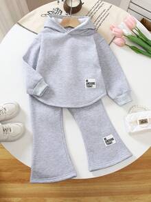 Elladie kids 2 件/套女孩紫色连帽衫，不对称下摆和喇叭裤，纯色，补丁设计，适合家庭聚会、郊游、返校、春秋季 - 灰色 - 查看 1
