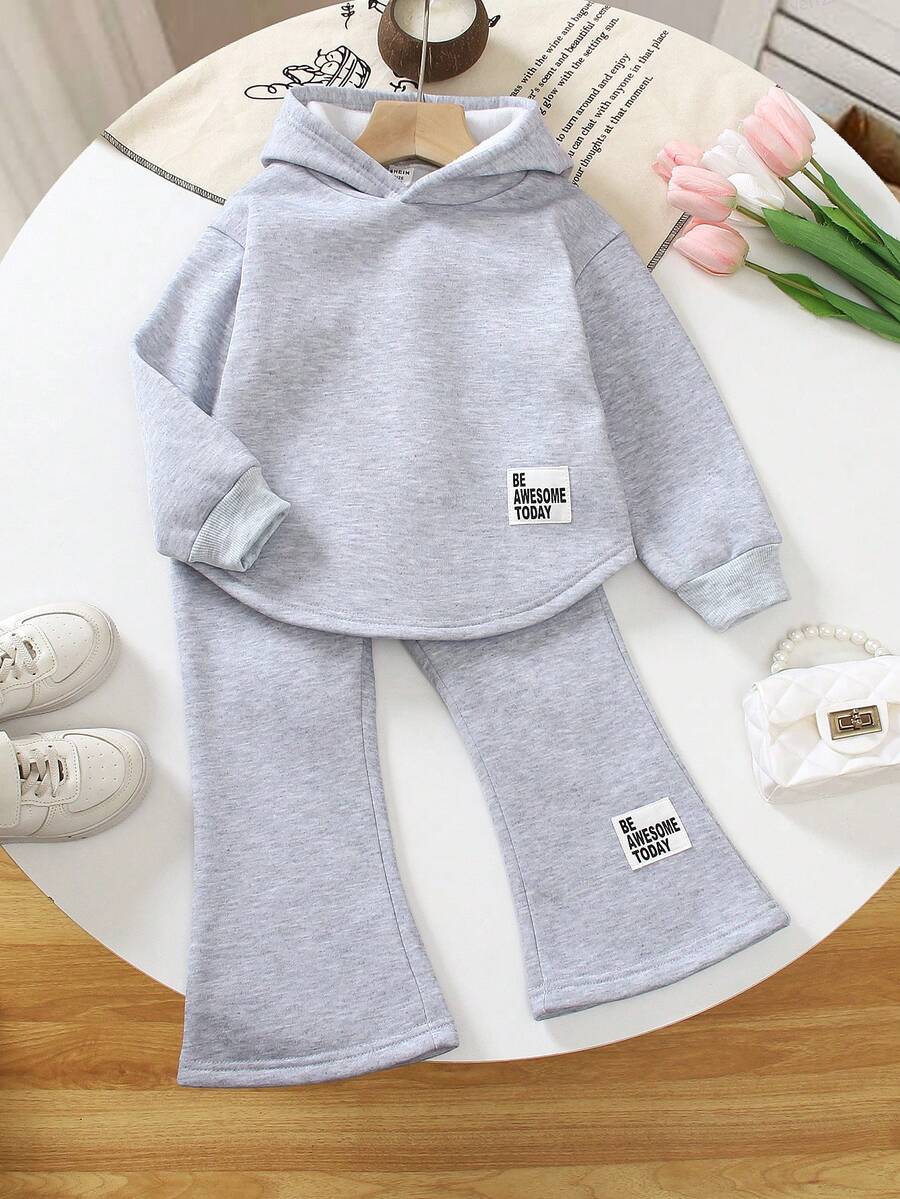 Elladie kids 2 件/套女孩紫色连帽衫，不对称下摆和喇叭裤，纯色，补丁设计，适合家庭聚会、郊游、返校、春秋季 - 灰色 - 查看 1