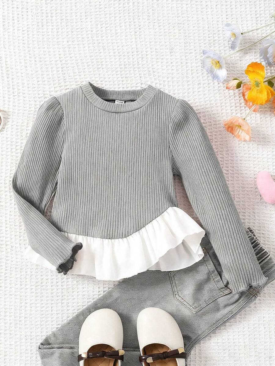 SHEIN 女童杏色蝴蝶结领T恤，棕色休闲百搭T恤，适合春、秋、冬三季穿着。 - 灰色 - 查看 1