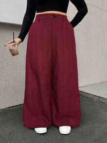 SHEIN EZwear 秋冬大码女式休闲格子阔腿裤 - 酒紅色 - 查看 5