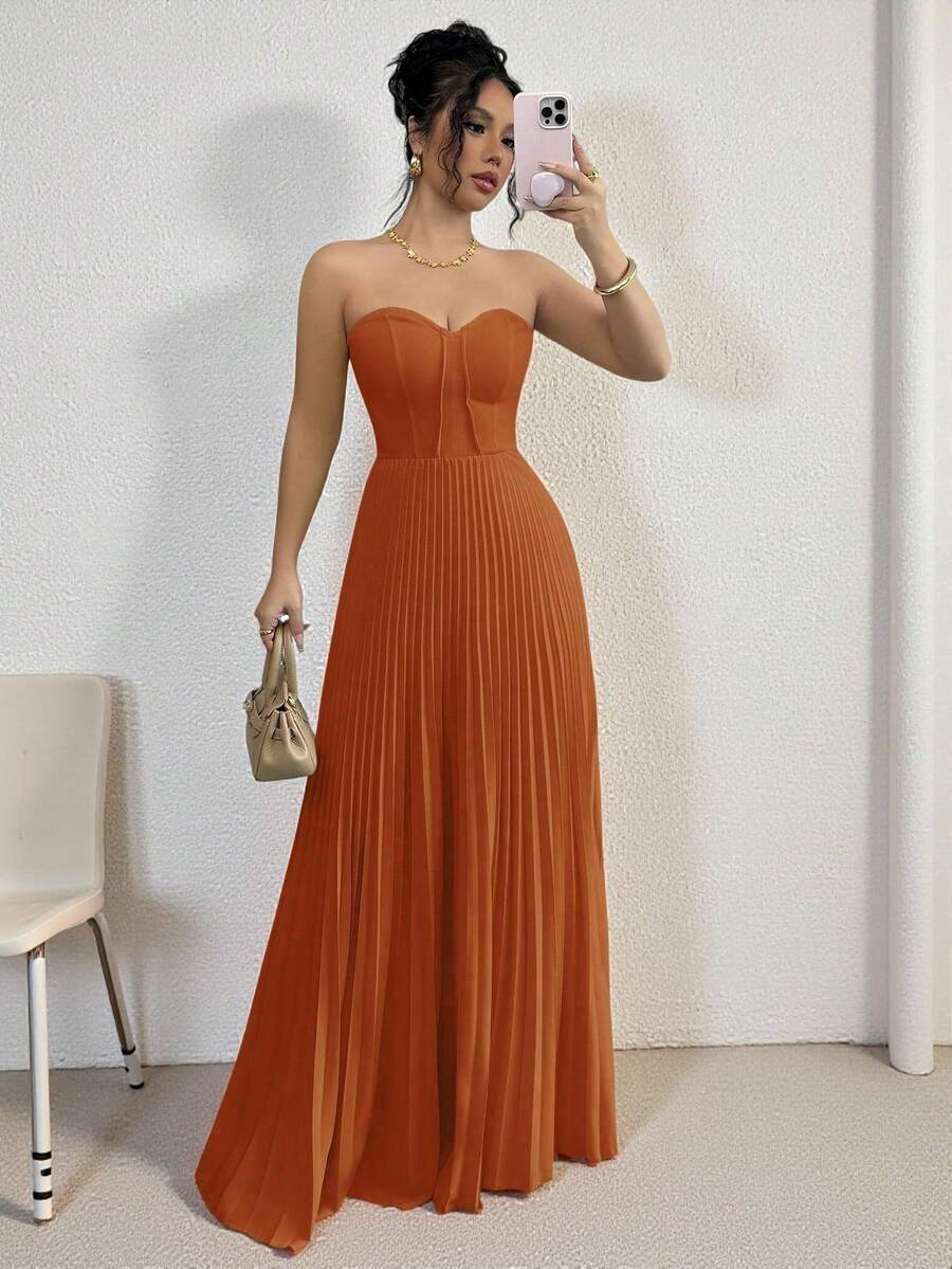 Lyxana Elegant Romantic Ruched Waist A-Line Hem Sleeveless Dress For Women - Burnt Orange - View 1