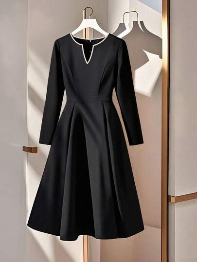 GlowEve CURVE 大码女式拼色饰边V领长袖荷叶边下摆系带中长连衣裙