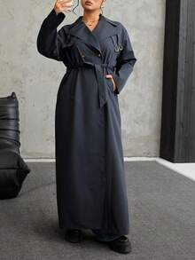 SHEIN EZwear 大码双排扣长袖休闲风衣 - 深灰色 - 查看 3
