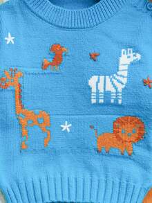 SHEIN 幼儿男童毛衣套装，秋冬时尚新款圆领套头毛衣+纯黄色毛衣和裤子两件套。毛衣为橄榄绿色，饰有可爱的卡通动物图案，如狮子、长颈鹿、马等可爱图案。和谐的配色方案彰显了小朋友的时尚品味。高品质套装，外观精美。适合居家、旅行、度假、派对等各种场合。