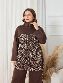 Modelyn Women's Fashion Leopard Print Patchwork Waist Cinched Long Pants, Versatile Two Pieces Set For Everyday Wear, Plus Size, Autumn/Winter